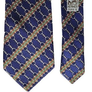 Hermès 100% Silk Tie Chainlink Geometric Blue / Gold MADE IN FRANCE AUTHENTIC